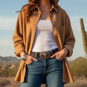 Faux Suede Textured Button Up Shirt Western Le Monde Collection Sz L